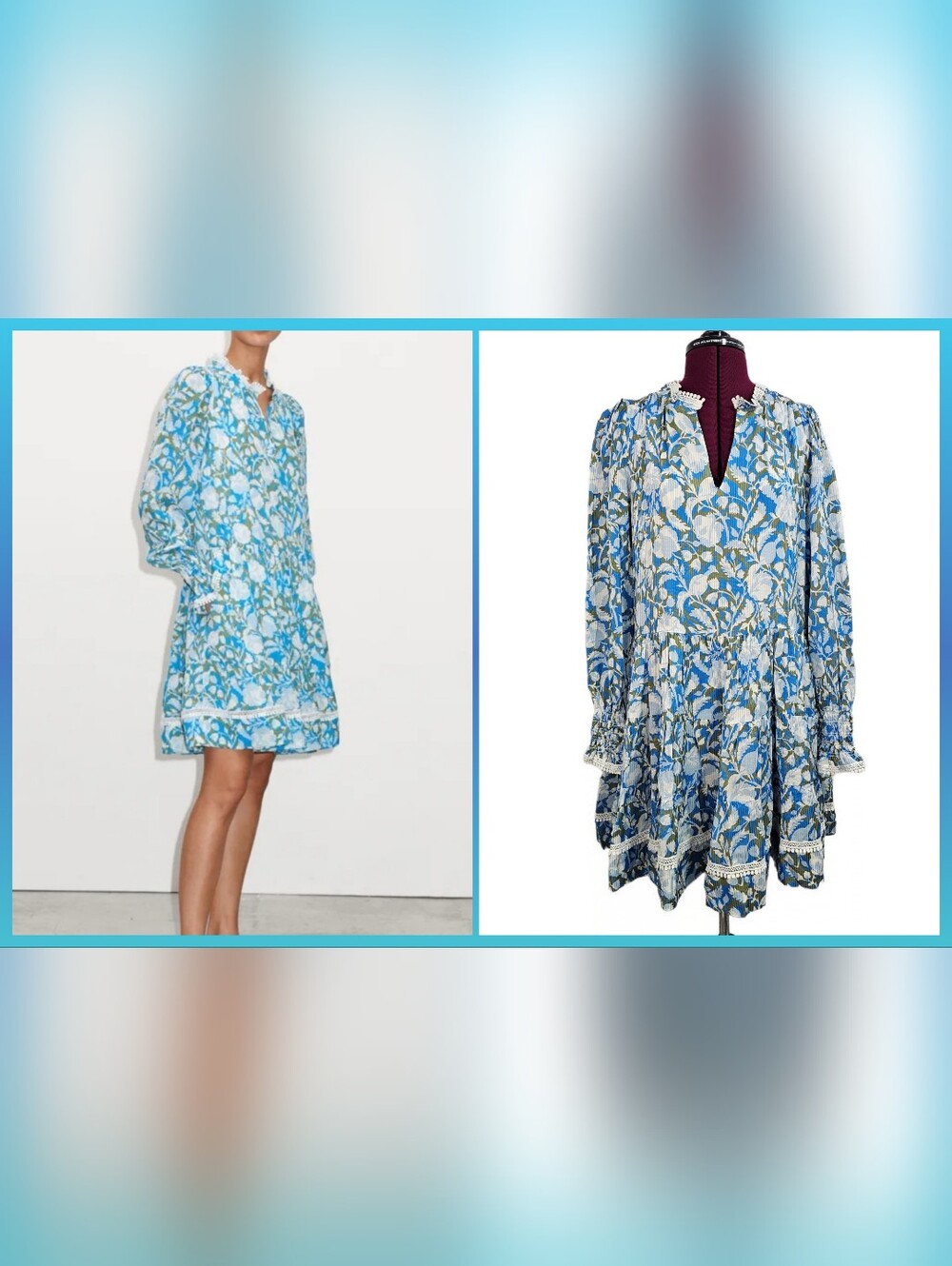 ME+EM Silk-Blend Shadow Bloom Print Floral Blue & White Long-Sleeve Tiered Dress